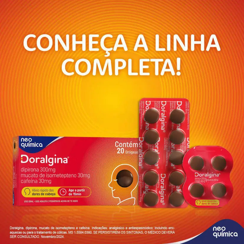 Doralgina Dipirona Sódica 300mg + Isometepteno 30mg + Cafeína 30mg 20 comprimidos