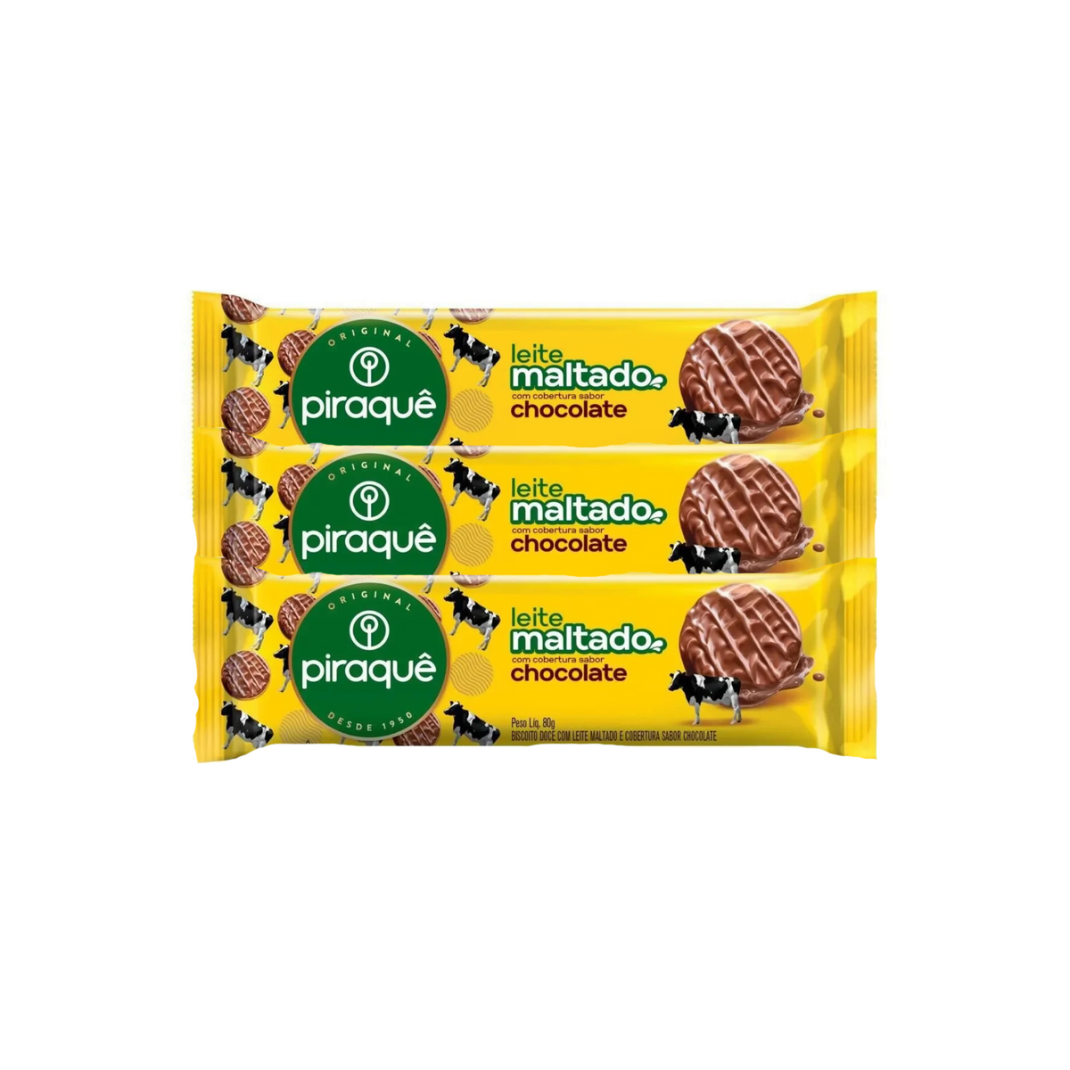 Biscoito Piraquê Leite Maltado Coberto com Chocolate 3x80g