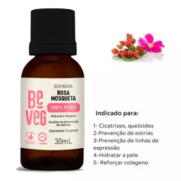 BeVeg Óleo de Rosa Mosqueta 100% Puro - Hidratante Corporal Vegano (30ml)