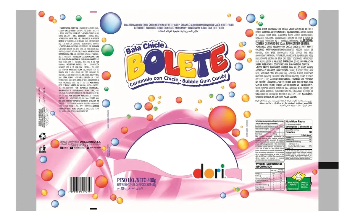 Bala Chiclete Dori Bolete Tutti Frutti Sem Glúten 400 g