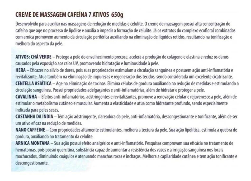 D'Agua Natural Creme para Corpo Massoterapia Cafeina 7 Ativos (650g)