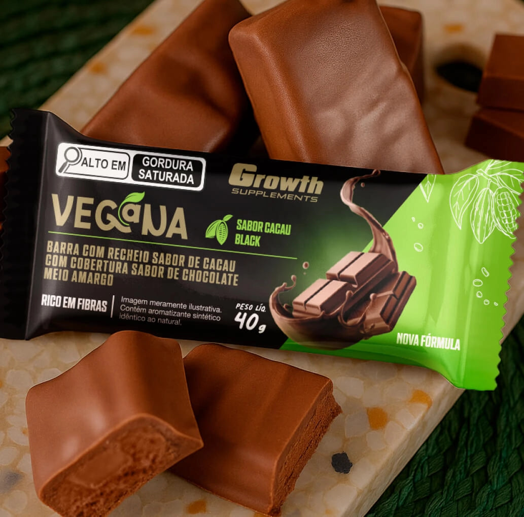 Growth Protein Bar Barra de Proteína Vegana - Display C/ 12 Un. Sabor Cacau Black