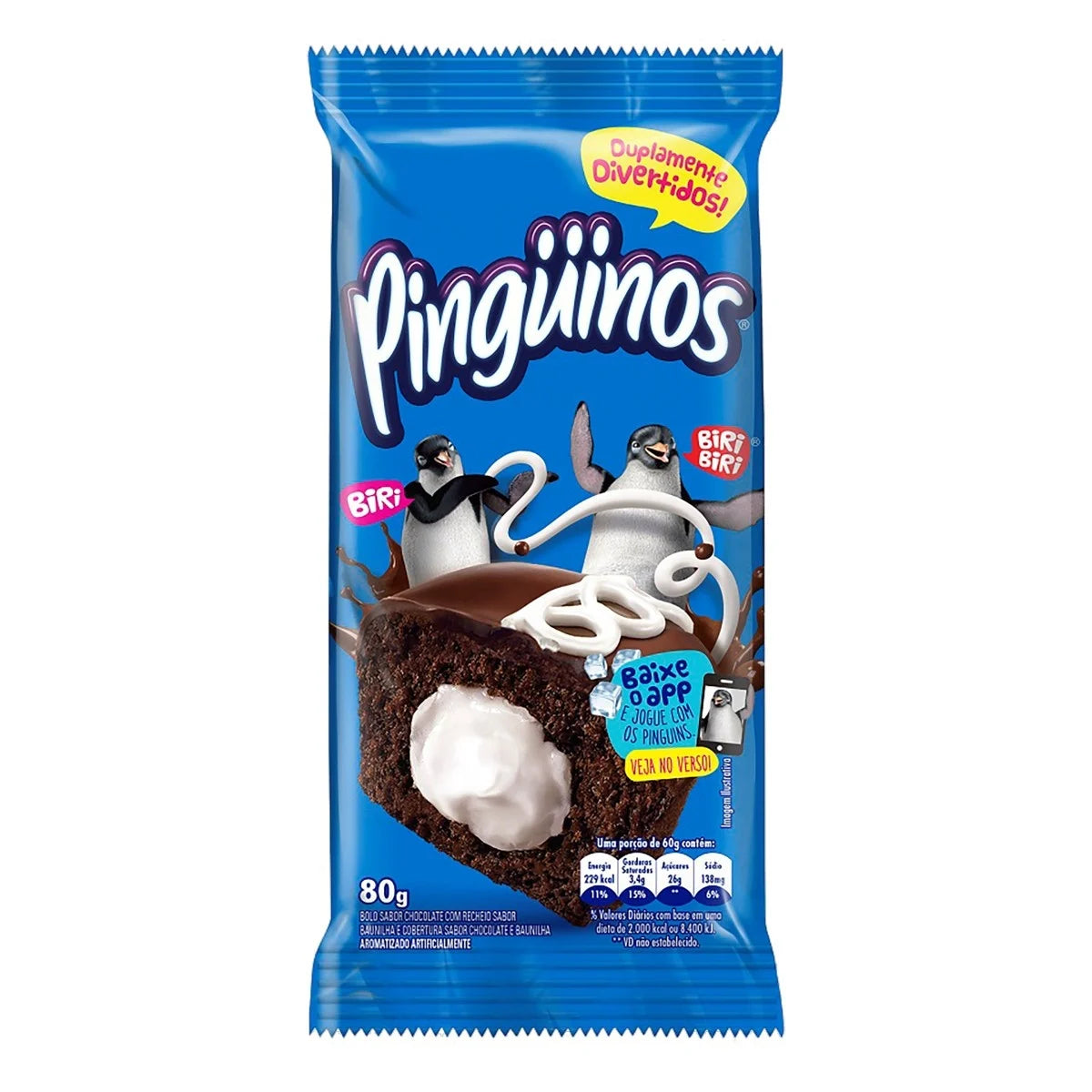 Bolo de Chocolate com Recheio de Baunilha e Cobertura de Chocolate e Baunilha Pingüinos 80g