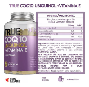 True COQ10 Ubiquinol True Source 60 Cápsulas (30g)