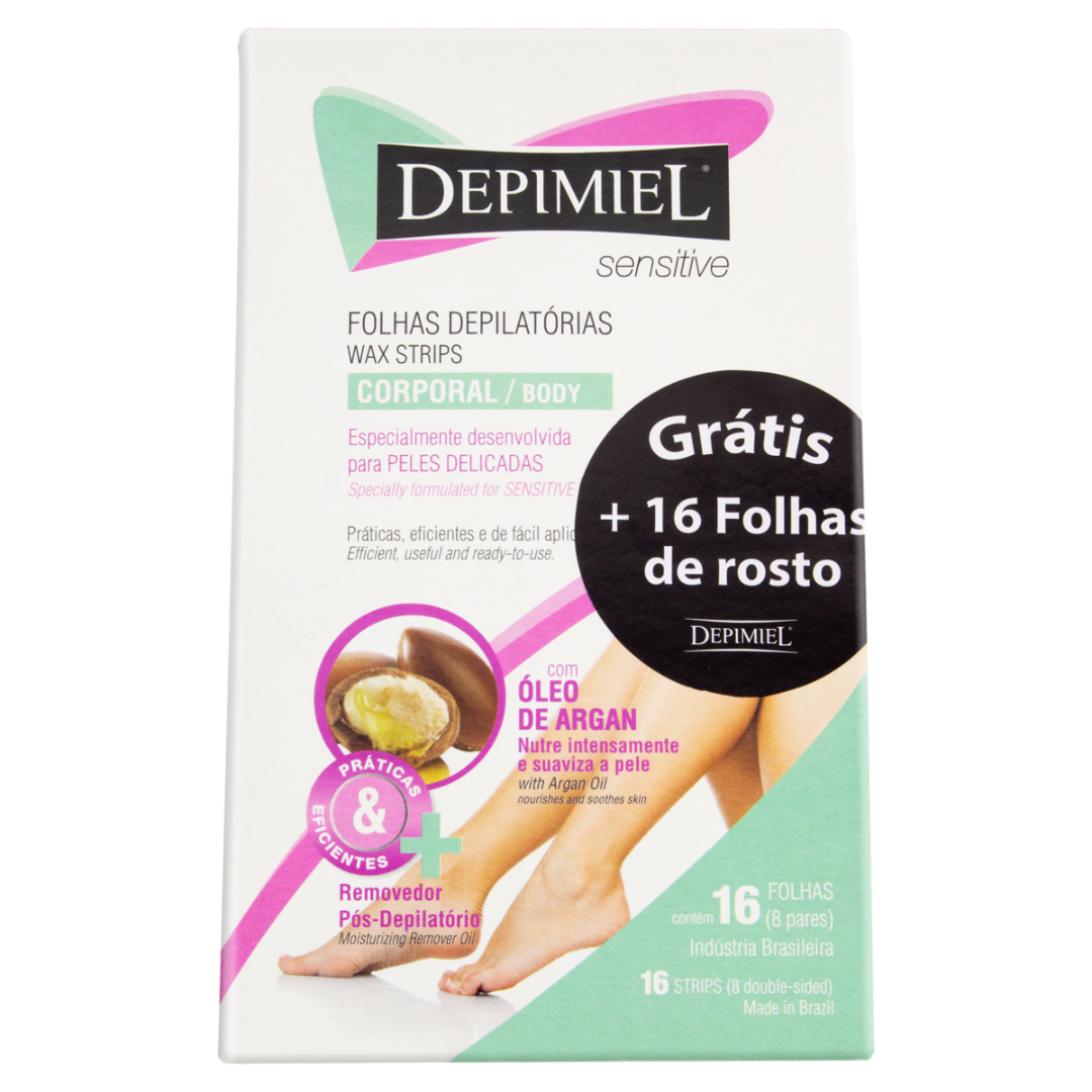 Depimiel Folhas para Depilação Corporal Sensitive - Caixa com 16 Unidades + 16 Folhas para Rosto (59g)