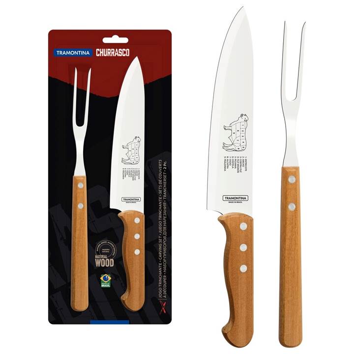 Jogo Trinchante para Churrasco Tramontina com Lâminas de Aço Inox e Cabos de Madeira Natural 2 peças OFERTA!!
