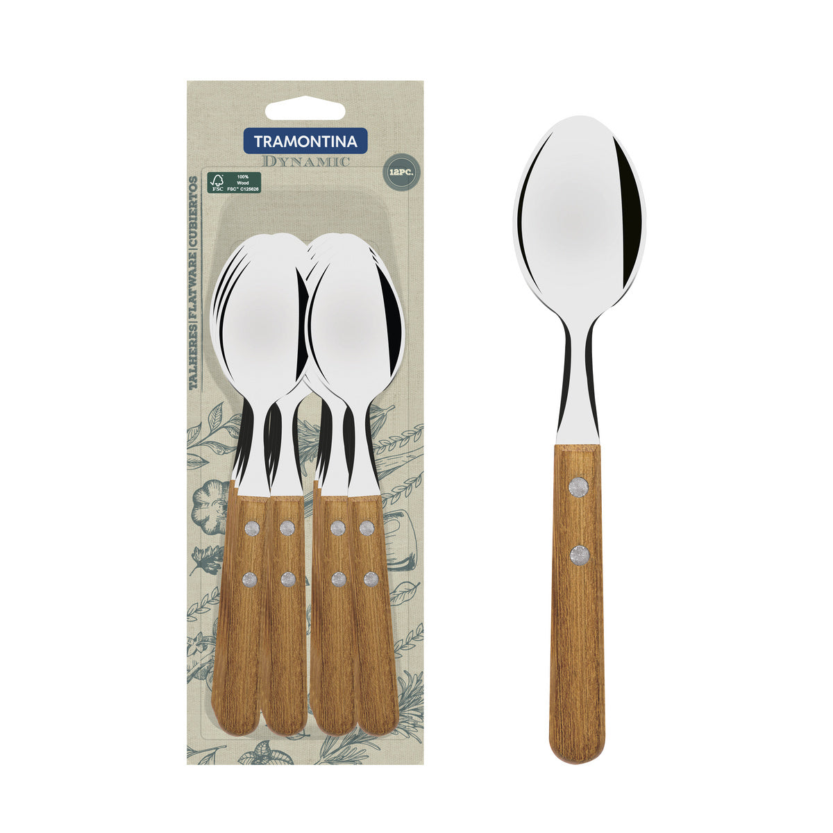 Tramontina Dynamic 12-piece 480 g table spoon set with stainless steel blades and natural wood handles