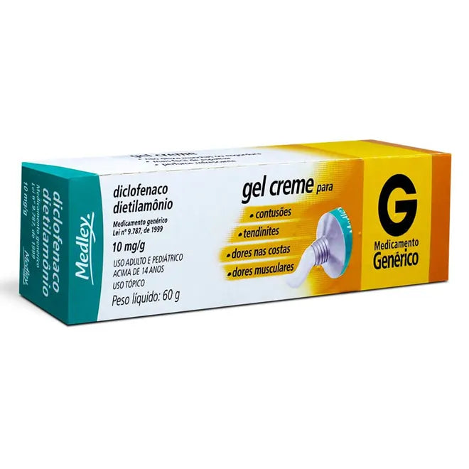 Medley Diclofenaco Dietilamônio 10Mg/G Gel Creme Com 60g. Analgésico e anti-inflamatório.