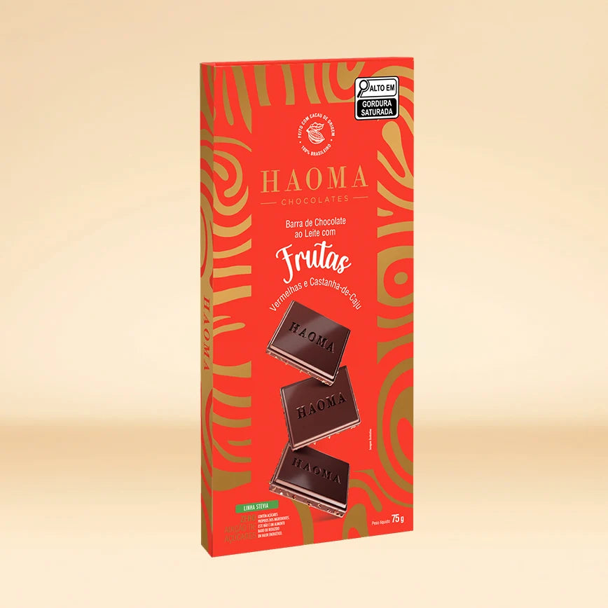 Haoma Barra de Chocolate Frutas Vermelhas e Castanha-de-Caju | Linha Stevia (75g)