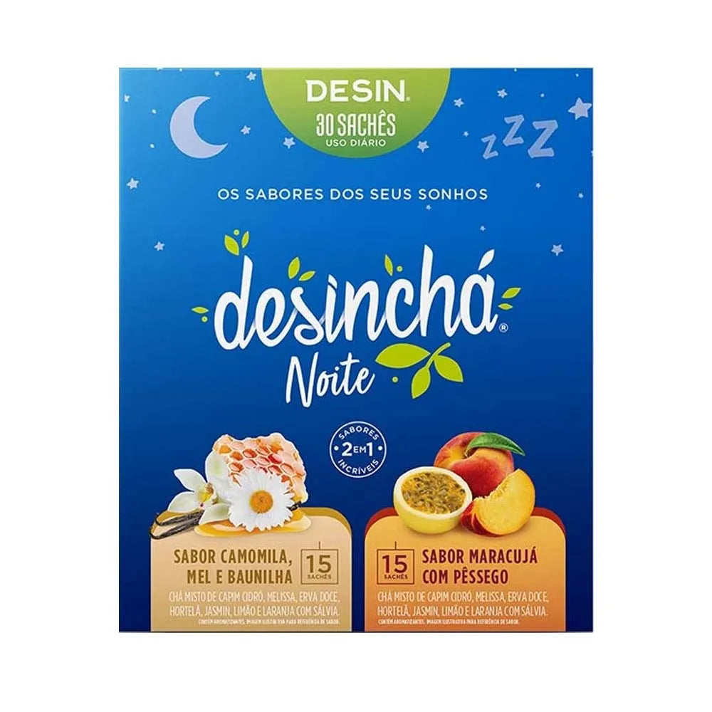 Desinchá Noite Sabores: Maracujá com Pêssego + Camomila Mel e Baunilha Display 30 Envelopes