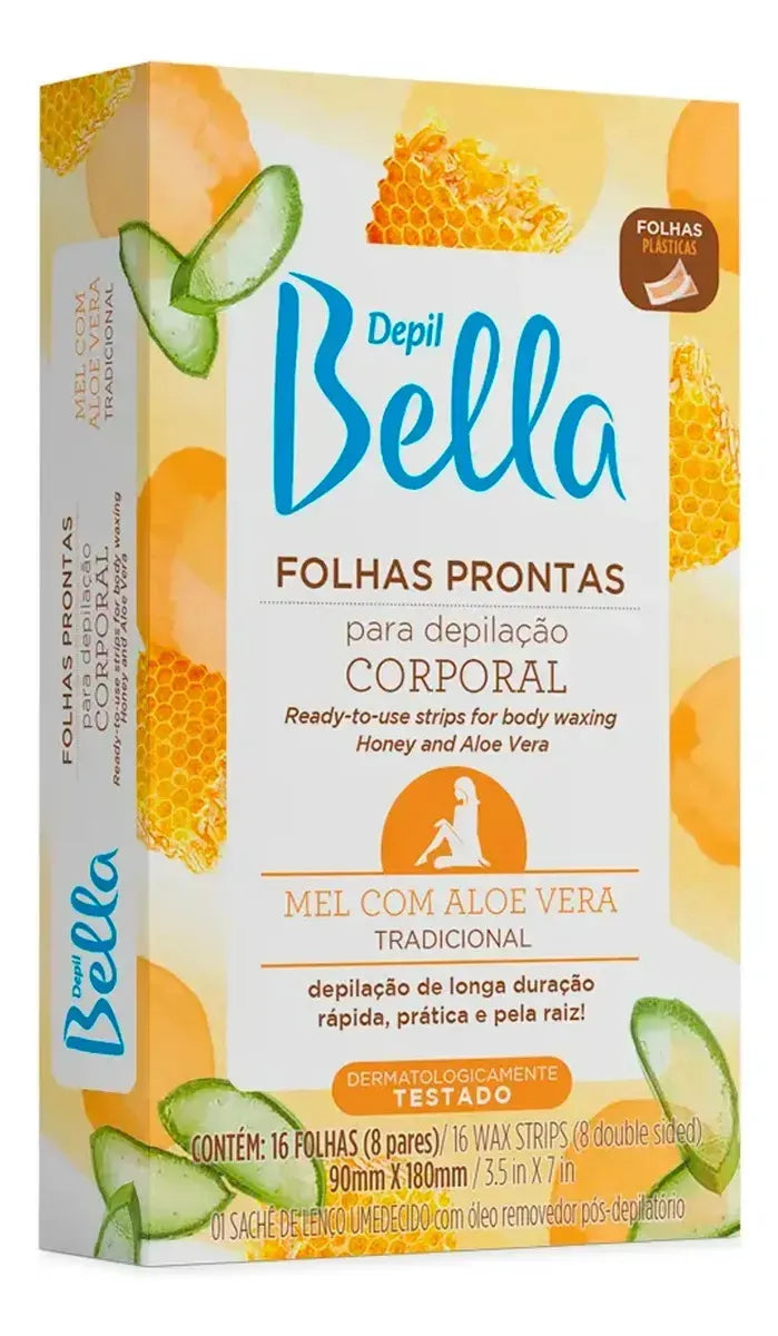 Depil Bella Folhas Prontas para Depilação Corporal: Mel com Aloe Vera - 16 Folhas 8 Pares