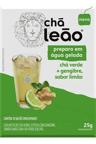 Leão Chá Gelado: Chá Verde + Gengibre, sabor Limão - 10 sachês (25g)