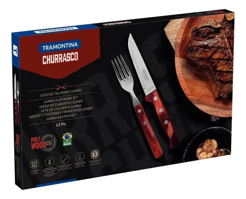 Jogo de Churrasco em Aço Inox Jumbo Tramontina Polywood Vermelho 12 Peças