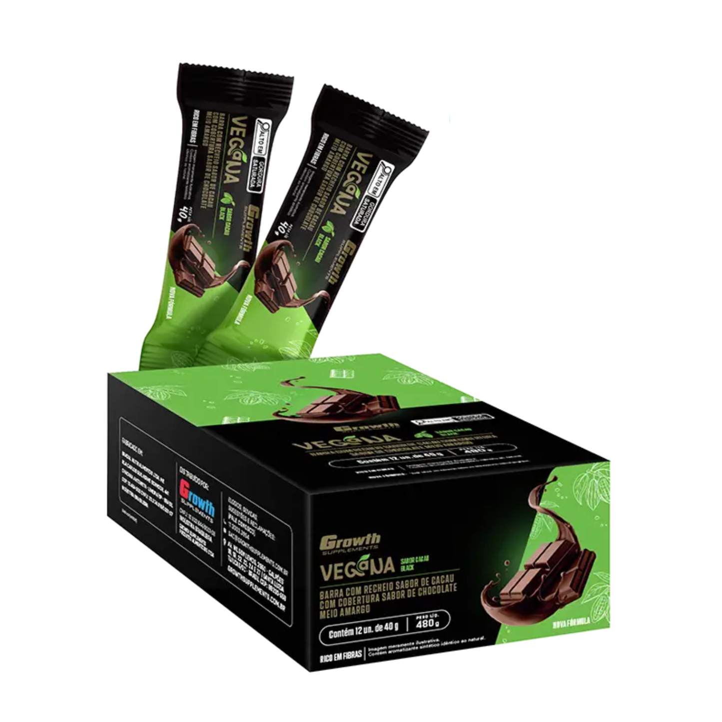 Growth Protein Bar Barra de Proteína Vegana - Display C/ 12 Un. Sabor Cacau Black