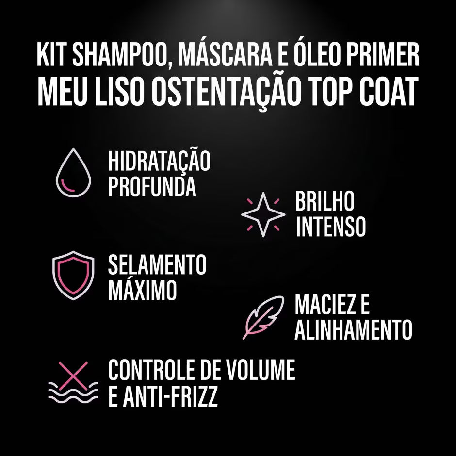 Kit Shampoo, Máscara e Óleo Primer Meu Liso Ostentação Top Coat