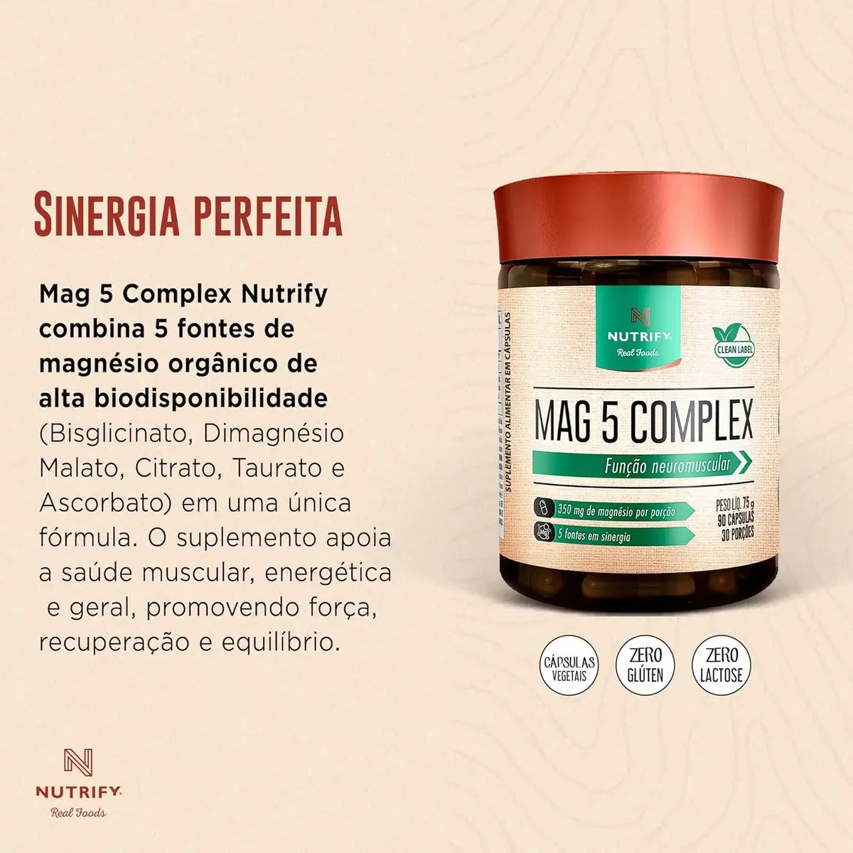 Mag 5 Complex 90 Cápsulas Nutrify 75g (Magnésio)