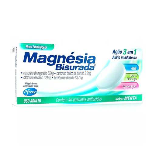 Magnésia Bisurada Caixa Com 40 Pastilhas, Sabor Menta