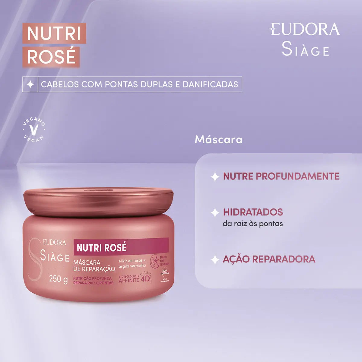 Máscara de Reparação Siáge Eudora Nutri Rose Hidratação 250mL Cabelos Danificados