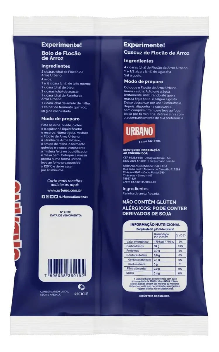 Farinha de Arroz Flocão Urbano Sem Glúten 500g
