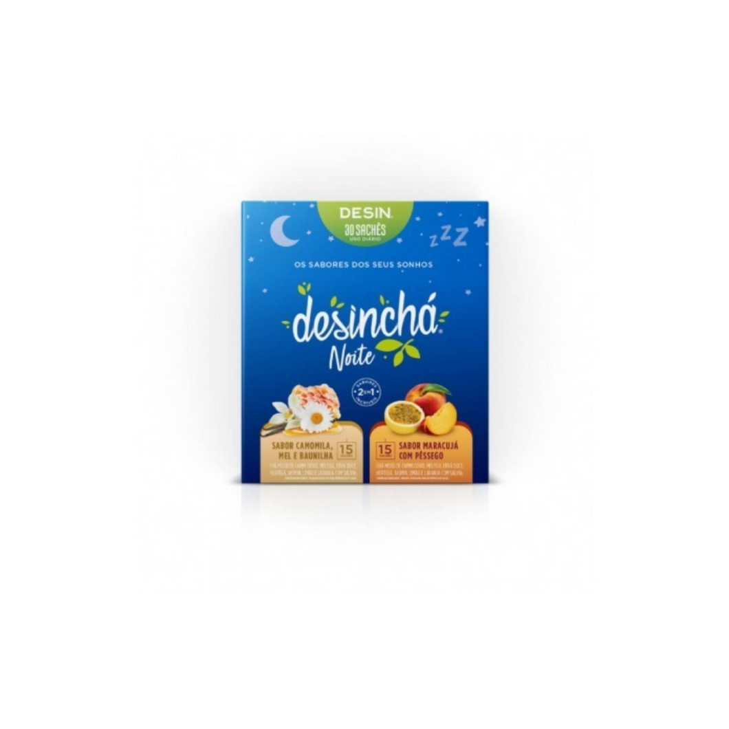 Desinchá Noite Flavors: Passion Fruit with Peach + Chamomile Honey and Vanilla Display 30 Envelopes